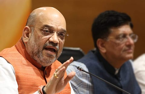 Bhartiya Janata Party president Amit Shah addresses a press conference in New Delhi on Saturday. (Express Photo by Shekhar Yadav)