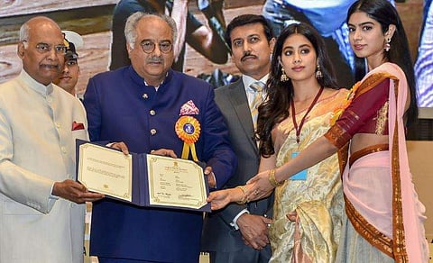 President Ram Nath Kovind confers Best Actress Award on veteran actress Sridevi posthumously being received by her husband Boney Kapoor and daughters Janhvi and Khushi during the 65th National Film Awards function at Vigyan Bhavan in New Delhi. | PTI