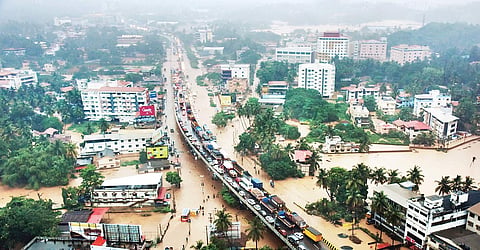 An aerial view of the flooded NH 66 flyover in Kottara Chowki area in Mangaluru on Tuesday. Motorists were stuck for 3-4 hours  | Rajesh Shetty Ballalbagh