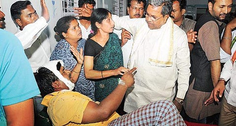CM Siddaramaiah visits party workers admitted at K R Hospital in Mysuru on Sunday