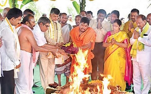 Chief Minisiter N Chandrababu Naidu performing a ritual at Polavaram project site on Monday | Express