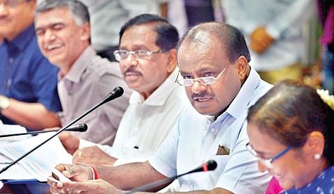 Chief Minister H D Kumaraswamy chairing a meeting in Bengaluru on Thursday. Deputy CM G Parameshwara, Minister Krishna Byre Gowda and  Chief Secretary Ratna Prabha look on | Pushkar  V