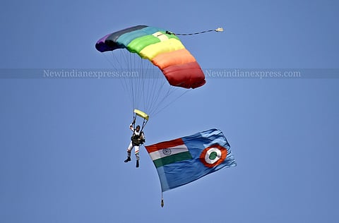 Members of Akash Ganga, the 14-member skydiving team of the Indian Air Force performing at the graduation parade which took place at the Dundigal Air Force Academy in Hyderabad on Saturday. | Vinay Madapu