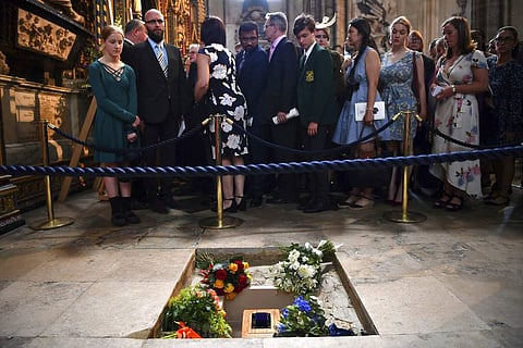 0 1 2 3 4 5 6 The ashes of Professor Stephen Hawking are laid to rest during his memorial service at Westminster Abbey in London, Friday June 15, 2018.  | AP