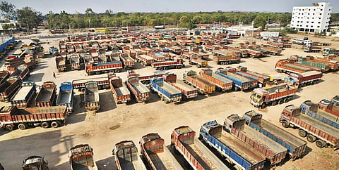 A section of truckers under goods vehicles umbrella body ACOGOA today proceeded on an indefinite nationwide strike, protesting hike in diesel prices and other issues. (File photo | ENS)