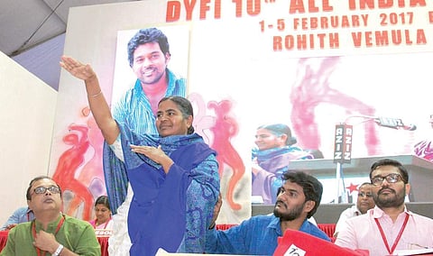 Rohith Vemula's mother Radhika Vemula addressing a gathering at the DYFI all-India conference in Kochi