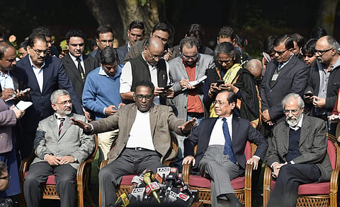 Justice J Chelameswar and three other sitting Supreme Court judges addressing a press conference. (PTI file photo)