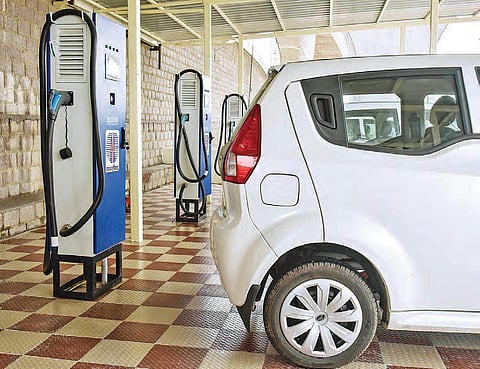 Battery charging points have been set up for self drive rental electric ZoomCar at Miyapur Metro Station, in Hyderabad on  on Friday | Vinay Madapu