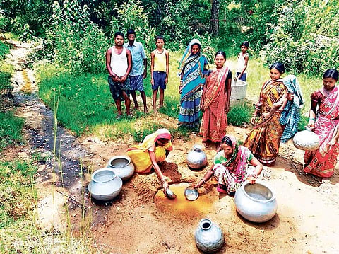 Villagers collecting water from a pit at Dhadasahi in Mayurbhanj district  | Express