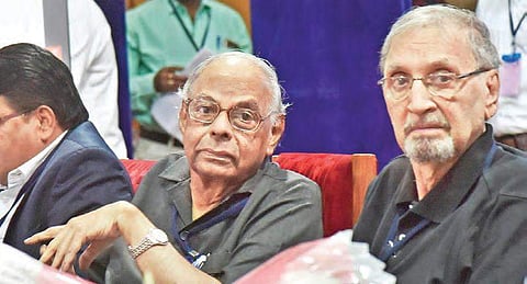 (Left) C Rangarajan, former Governor of AP, and Narendra Luther, former chief secretary, speaking at the Telangana  History Congress on Monday | Vinay Madapu