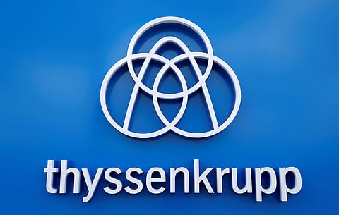 Thyssenkrupp's logo is seen close to the elevator test tower in Rottweil, Germany. (Photo | Reuters)