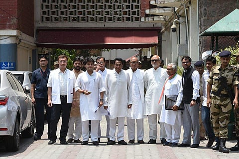 PCC President Madhya Pradesh Kamal Nath with congress senior leader leave after a meeting with Election Commission of India, at Nirvachan Sadan on Sunday. (EPS | Parveen Negi)