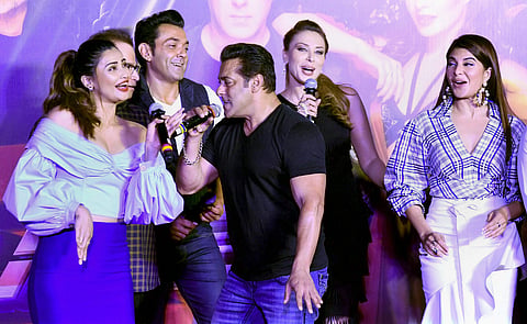 Bollywood actors Salman Khan Jacqueline Fernandez and Daisy Shah during music launch of their upcoming film 'Race 3' in Mumbai on on June 1, 2018. (PTI Photo)