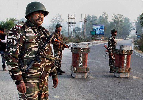 Security personnel stand guard in Jammu on Wednesday during search operations following the militant attack on the Nagrota Army camp (File | PTI)
