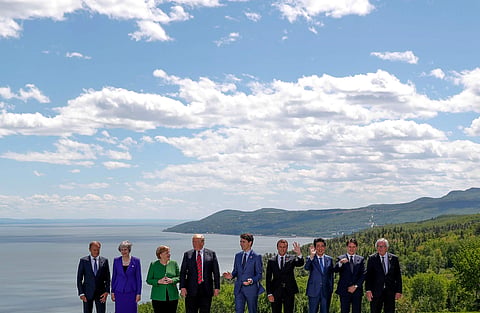European Council President Donald Tusk, Britain's Prime Minister Theresa May, Germany's Chancellor Angela Merkel, U.S. President Donald Trump, Canada's Prime Minister Justin Trudeau, France's President Emmanuel Macron, Japan's Prime Minister Shinzo Abe, I