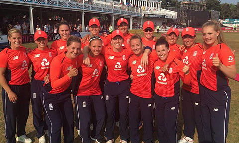 Victorious England women's cricket team after the match (Photo | Twitter/England Cricket)