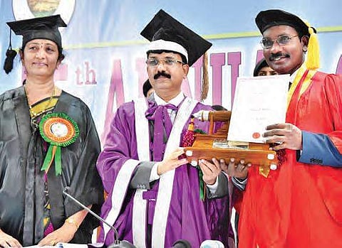 ISRO Chairman K Sivan being presented honorary doctorate at the 55th convocation of Sri Venkateswara University in Tirupati on Saturday | madhav k
