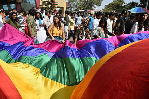 Parade-goers marched on the street with rainbow flags and placards, with messages in support of the LGBTQ community. (Photo| R  Satish Babu/EPS)