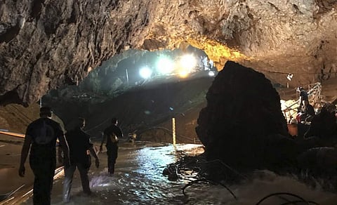 This photo tweeted by Elon Musk shows efforts underway to rescue trapped members of a youth soccer team from a flooded cave in northern Thailand. Musk tweeted early Tuesday, July 10, 2018, he has visited the cave and has left a mini-submarine there for fu