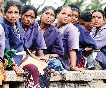 BBMP pourakarmikas sat for a dharna at Banappa Park last year for regularisation of contract workers| Express