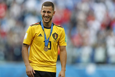 Belgium's Eden Hazard laughs after the third place match between England and Belgium at the 2018 soccer World Cup in the St. Petersburg Stadium in St. Petersburg, Russia, Saturday, July 14, 2018. | AP