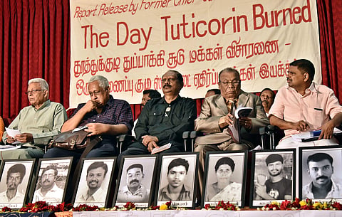 (From left) Selvaraj, Shiv Viswanathan, Krishnadas Gandhi, AWD Thilak and Justice Hariparanthaman listen to the speakers at a function held to release a report 'The day Tuticorin burned' on the anti-Sterlite protestors in Chennai on June 15, 2018. (Photo 