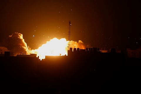 A ball of fire rises following an Israeli air strike on a building in Gaza, in the northern Gaza Strip. (File Photo| AP)
