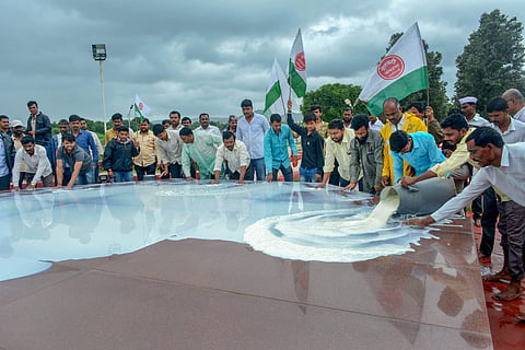 Protesting Swabhimani Shetkari Sanghatana activists pour milk at the memorial of Maharashtra's first Chief Minister late Y B Chavan (File photo | PTI)