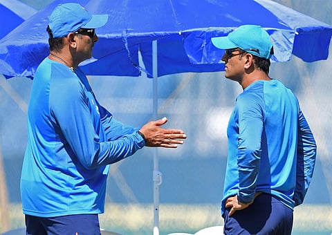 MS Dhoni with the team coach Ravi Shastri during a practice session (File photo | PTI)