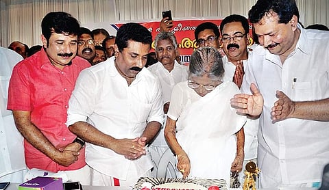 Veteran communist leader K R Gouri cutting her birthday cake at Alappuzha on Sunday |Express
