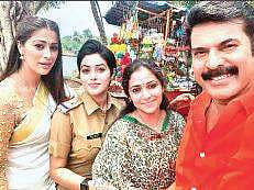 Raai Laxmi, Shamna Kasim, Anu Sithara, and Mammootty on set
