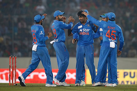 India’s Jasprit Bumrah, center, celebrates with his teammates after the dismissal of Bangladesh’s Soumya Sarkar during the Asia Cup  | File AP