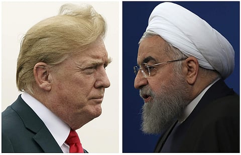 This combination of two pictures shows U.S. President Donald Trump, left, on July 22, 2018, and Iranian President Hassan Rouhani on Feb. 6, 2018. | AP