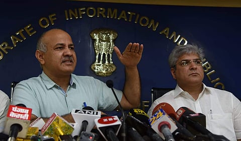 Deputy Chief Minister Manish sisodia with Transport Minister Kailash Gahlot address a press conference  in New Delhi on Thursday. | (Parveen Negi | EPS)