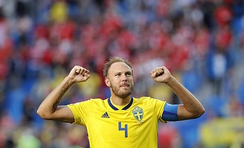 Sweden's Andreas Granqvist celebrates his team victory over Switzerland at the end of the match during the round of 16 match between Switzerland and Sweden at the 2018 soccer World Cup in the St. Petersburg Stadium. | AP