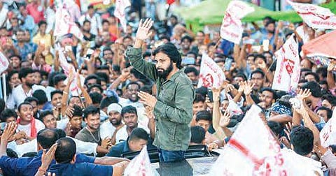 Jana Sena chief Pawan Kalyan addresses a public meeting at Bheemili  in Visakhapatnam district on Friday | Express