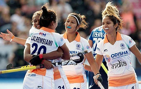 India celebrate after scoring against Italy in playoff. (Photo | Hockey India Twitter)