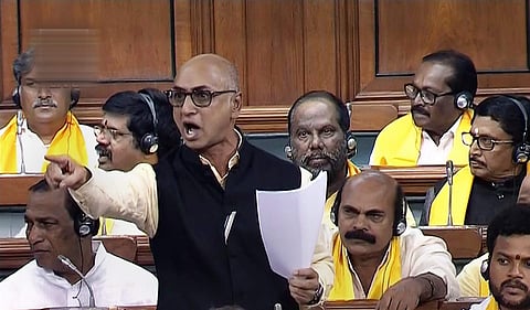 TDP MP Jayadev Galla speaks in the Lok Sabha on no-confidence motion during the Monsoon session of Parliament in New Delhi on Friday July 20 2018.  (Photo | PTI)