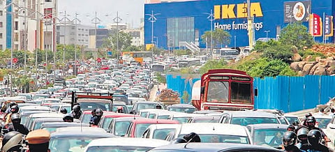 Traffic comes to a standstill on the road leading to IKEA store, in Hyderabad on Thursday  | S Senbagapandiyan
