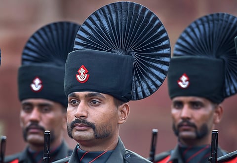 Army soldiers participate in the full dress rehearsal for the 72nd Independence Day function at the historic Red Fort. (Photo | PTI)