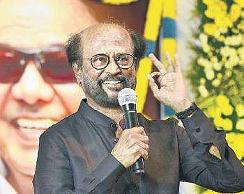 Rajinikanth speaking at a memorial meeting organised by the State Nadigar Sangam on Monday |  Express