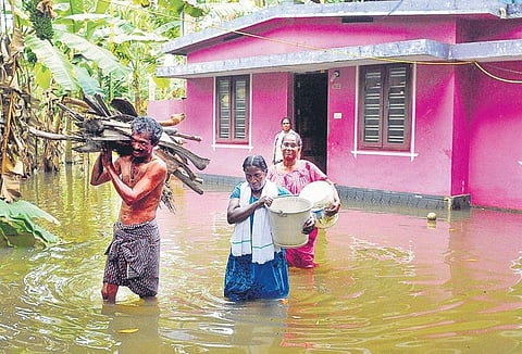 A family shifting firewood and essential items from their marooned house to a relative’s home in Kerala. (EPS | A Sanesh)