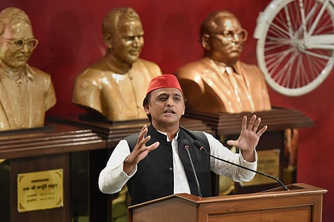 Samajwadi Party president Akhilesh Yadav addresses a press conference at the party office in Lucknow.(Photo | PTI)