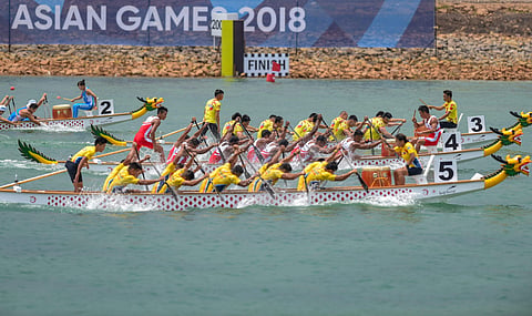 Participants compete in the men's canoe TBR 200m race at the 18th Asian Games 2018 at Palembang. (Photo | PTI)