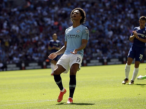 Manchester City's Leroy Sane gestures after missing an opportunity on goal during the Community Shield soccer match between Chelsea and Manchester City at Wembley, London, Sunday, Aug. 5, 2018.  (Photo | AP)