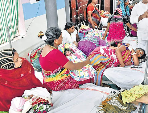 Two women have been accommodated on almost all beds of the gynaecology ward of Vijayawada Government General Hospital on Tuesday | R V K Rao