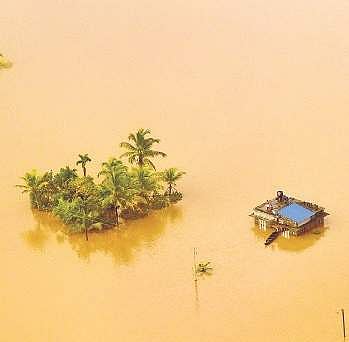 People stranded on the terrace of an isolated house surrounded by flood waters at Paravoor  Albin Mathew