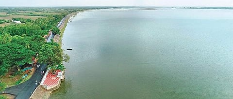 An aerial view of Veeranam lake near Sethiyathoppe in Cuddalore district | EPS