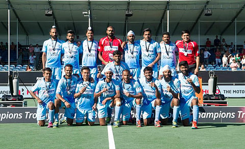 Indian hockey team with the runner-up medals at the Champions Trophy. (File Photo | Twitter/FIH)