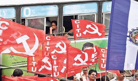 A passenger watching the strike through an RTC bus window on Tuesday | R V K Rao